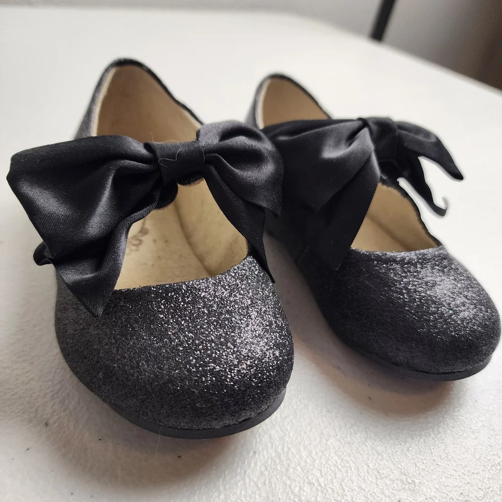 Joyfolie Toddler Girls Black Glitter Bow Ballet Flats Dress Shoes